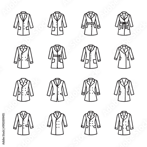 Collection of Fashionable Coat Icons: Different Styles and Details
