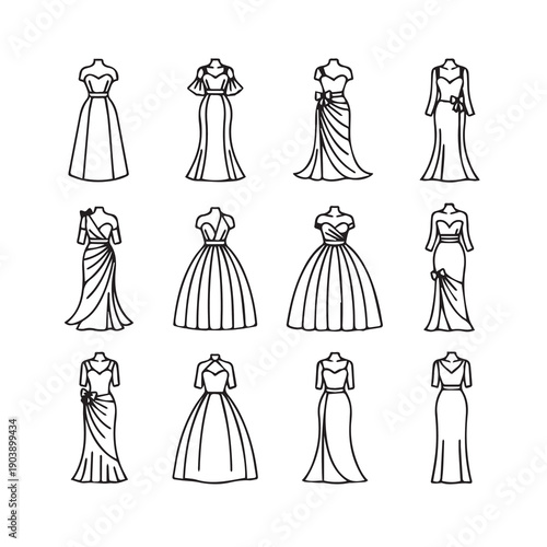 Collection of elegant evening gowns and dresses in outline style, fashion design
