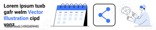 Productivity, networking, collaboration, planning, technology, science. A calendar, share icon and a scientist analyzing a brain diagram. Productivity and networking concepts are