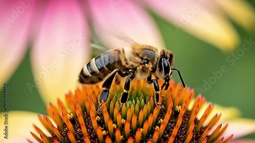 A honeybee collects nectar from a bright orange coneflower.