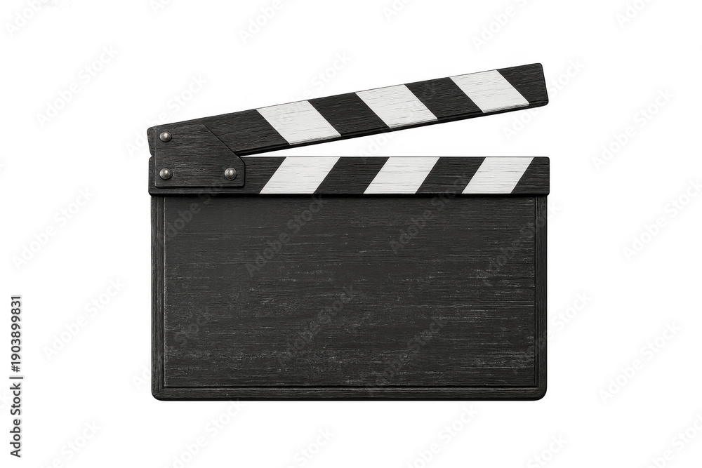 Fototapeta premium Black film clapper board with open bars ready for action, symbolizing cinema production and content creation