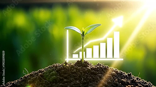 Seedling grows from soil with rising bar graph overlay.