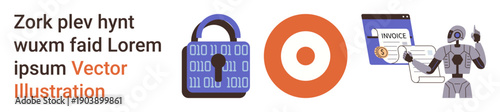 Cybersecurity, AI, data protection, digital transactions, technology, innovation. Features lock with binary code, target icon robot with invoice graphic. Cybersecurity and AI concept ion