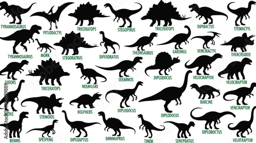 Dinosaur silhouettes collection, prehistoric reptile vector illustration set with species names isolated on white background for education, design, printing