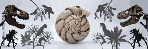 Prehistoric fossil composition, dinosaur skulls ammonite shell and ancient flora vector illustration for museum education, science, design projects