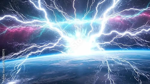 Massive cosmic lightning strikes the planet Earth's surface.