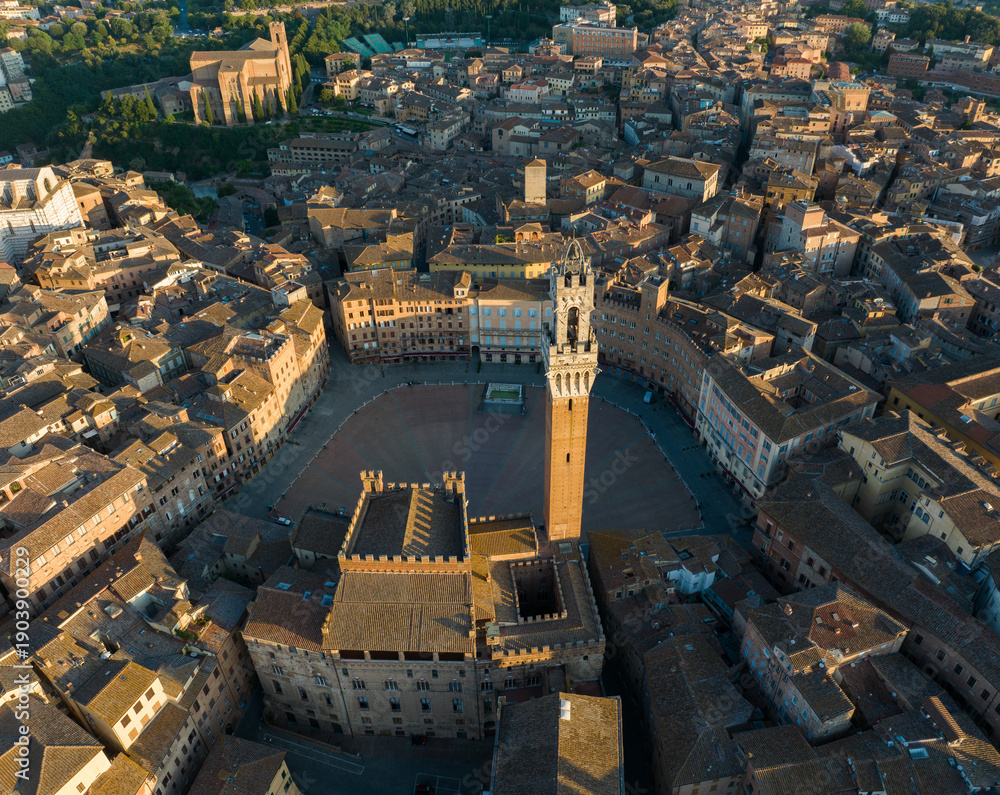 Fototapeta premium Top aerial view of Piazza del Campo and Siena historic center, Tuscany, Italy