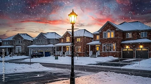 Street lamp glows brightly on snowy suburban road at dusk.