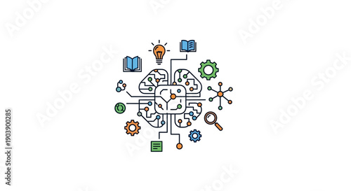 Brain with various icons and symbols.