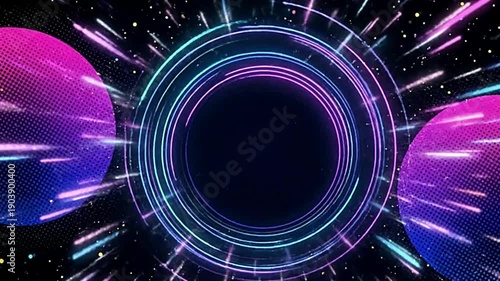 Abstract neon rings create a futuristic portal background.