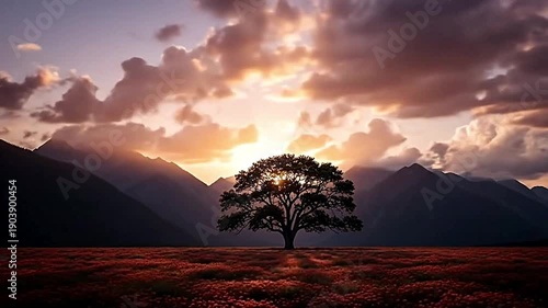 A single tree stands against sunset mountains in a field.