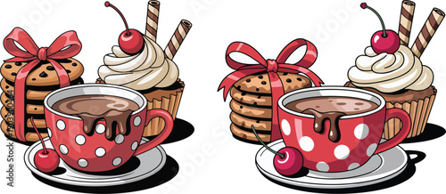 Hot chocolate  espresso coffee cup and muffin isolated cartoon vector