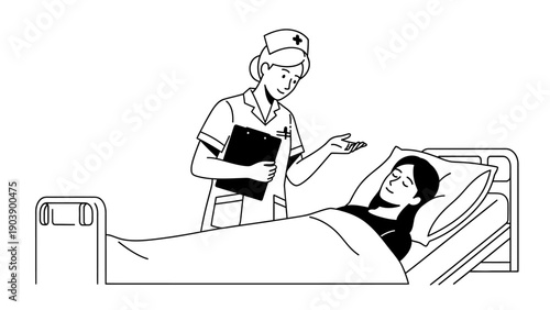 Nurse taking care of patient in hospital bed, medical care line art.