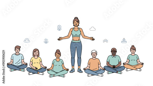 Diverse group of people practicing meditation and yoga with a female instructor.