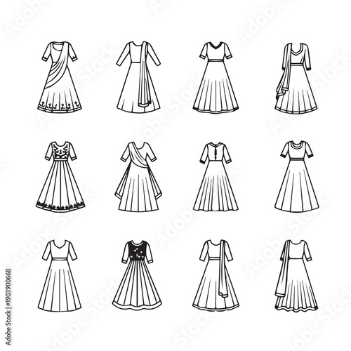 Collection of Indian Dresses Vector Line Art Illustrations