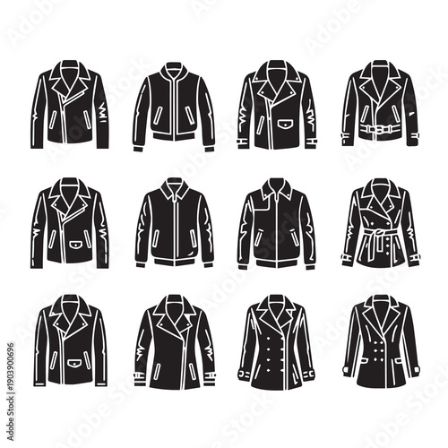 Collection of Jacket Icons, Black and White Silhouettes of Leather and Fashion Coats