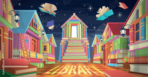 Library book shelves cartoon vector illustration.Library. City of books. Many books are collected and stacked in the shape of houses. Street of books. A house made of books. 