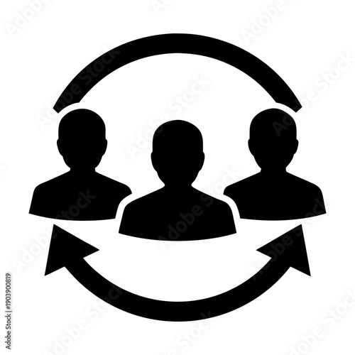A minimalist vector graphic of three people in a circular communication exchange silhouette