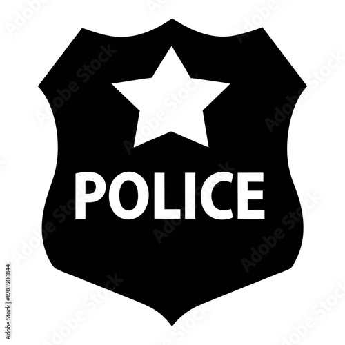 A black and white police badge icon with a star and the word POLICE in a flat, minimal design silhouette
