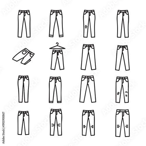 Collection of Jeans Icons, Various Styles, Simple Line Art, White Background