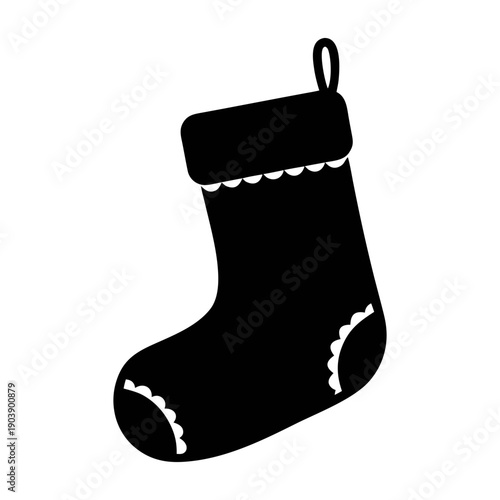 A minimalist Christmas stocking icon in silhouette mode with white stitching