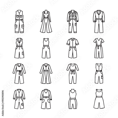 Collection of Jumpsuit and Romper Fashion Icons, Line Art Style