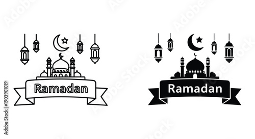 Ramadan Kareem minimalist banner with mosque lanterns and crescent moon vector illustration for greeting cards