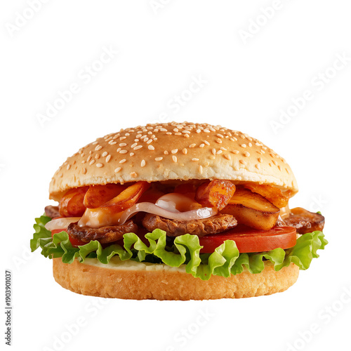 Delicious Burger With Lettuce, Tomato, and Crispy Bacon on Sesame Seed Bun