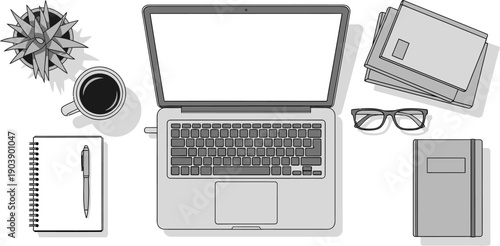 Top View of Minimalist Workspace with Laptop, Notebook, and Coffee