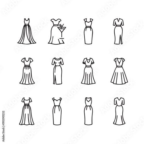 Collection of Line Art Icons Representing Various Dress Styles