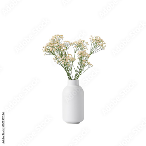 White Vase Holds Small White Flowers in a Simple Setting on a Flat Surface