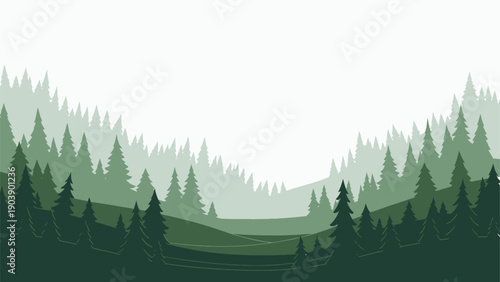 Flat Vector Illustration of Misty Pine Forest Landscape