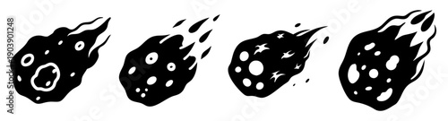 Set of four flying meteorite vector icons in black and white with impact trails for space science and astronomy designs