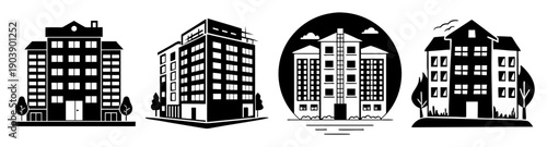 Modern apartment building vector icons set isolated black and white urban residential architecture design flat style