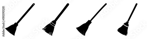Set of five black broom vector icons isolated on white background for cleaning and household chores