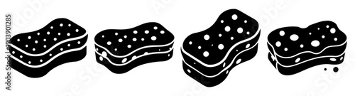 Set of four black and white vector cleaning sponges isolated on transparent background for household icons