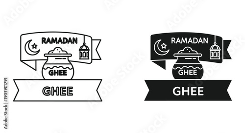 Ramadan Ghee Illustration Set with Crescent Moon and Lantern