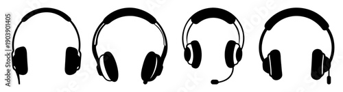 Black wireless headphones vector icon set isolated on white background minimalist design modern audio technology