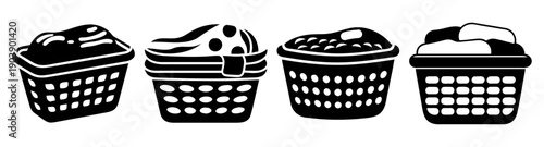 Set of four black and white laundry baskets vector icons isolated on transparent background for household chores