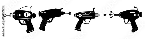 Futuristic laser gun vector icon set with glowing effects and sci-fi weapon collection isolated on white background