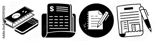 Flat vector icon set of financial accounting tools with calculator ledger pen and dollar sign isolated on white background