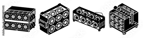 Set of three detailed vector icons of cryptocurrency mining rigs with GPU cards and cooling fans for blockchain technology