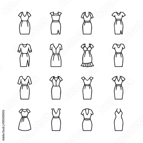 Collection of Line Art Icons for Women's Dresses, Fashion Styles, and Silhouettes