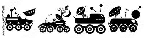 Futuristic space exploration vehicles and moon rovers vector icon set isolated on white background for science and technology
