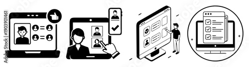 Flat vector icon set of online survey and voting app interface with user feedback and mobile analytics dashboard