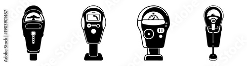 Set of four modern parking meter vector icons in black and white with digital displays and coin slots isolated on transparent background