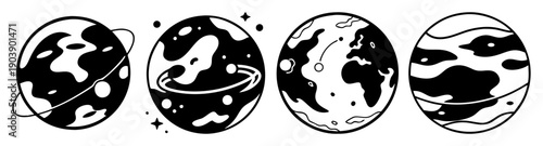 Four black and white vector planet icons with crescent phases isolated on white background minimalist design