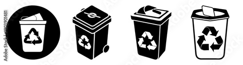 Set of four flat vector recycling bins icons for waste management and eco-friendly sustainability design elements