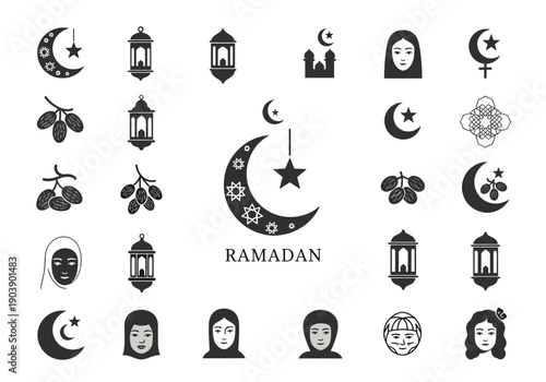 A serene illustration of a woman wearing a hijab above a crescent moon symbolizing faith and spirituality, ideal for cultural content.