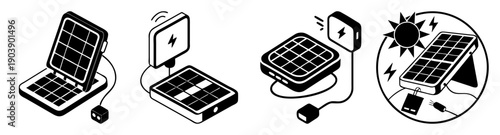 Solar power technology vector icon set with laptop, tablet, phone charging and eco energy concept isolated on white background